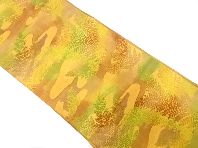 霞に草葉模様織り出し　名古屋帯